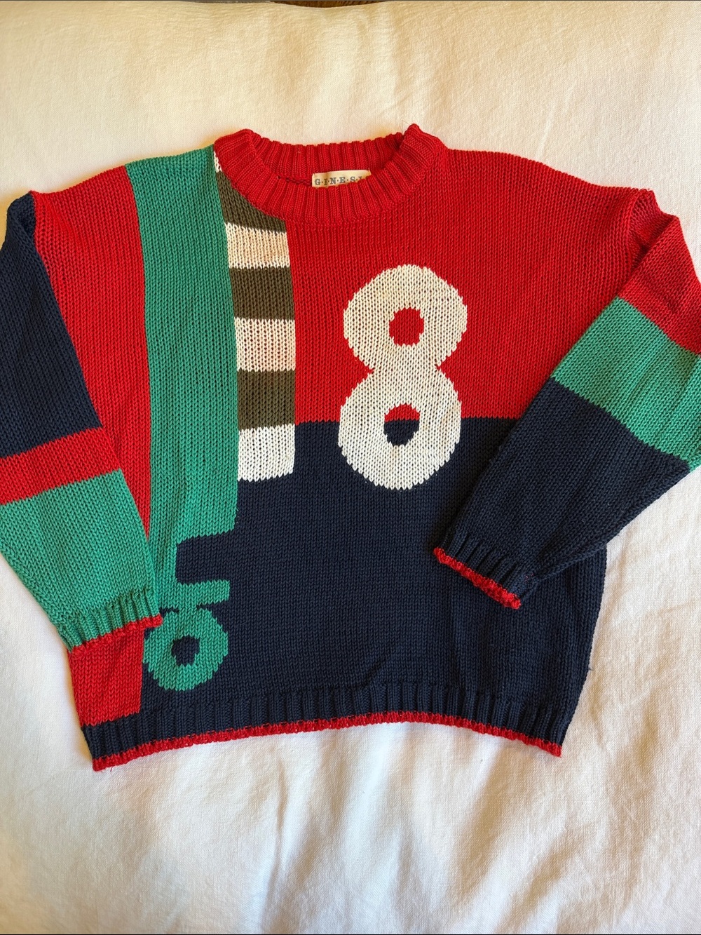 Vintage Genesis Number Graphic Sweater in Red, Navy & Green